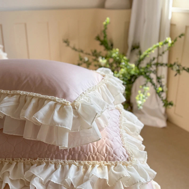 Elegant White/Pink Lace Ruffle Egyptian Cotton Bedding Set