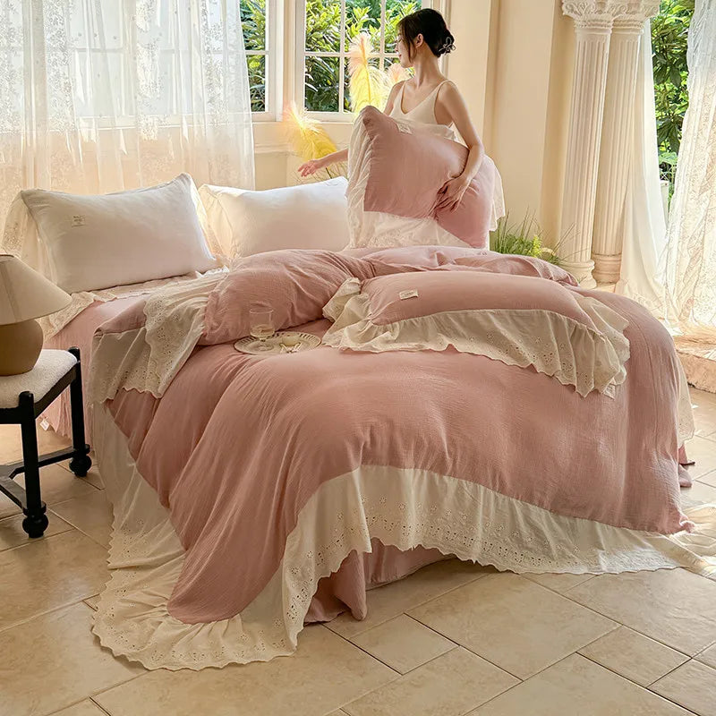 Elegant Wide Lace Solid Bedding Set