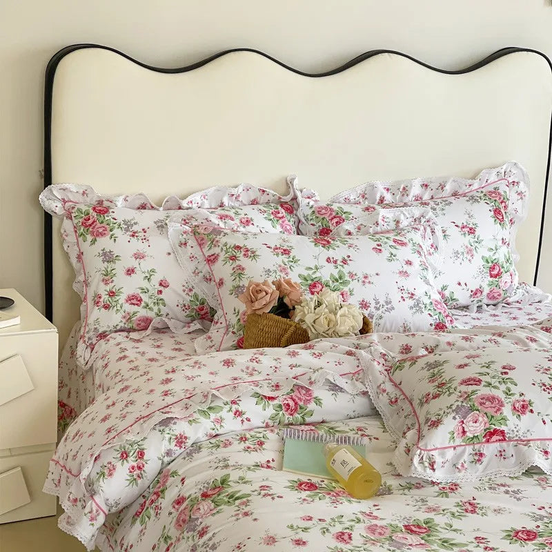 Elegant Ruffle Elegant Vintage Floral Bedding Set 100% Cotton