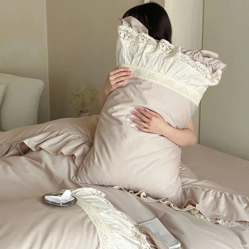 Elegant French Lace Ruffle Bedding Set 100% Cotton