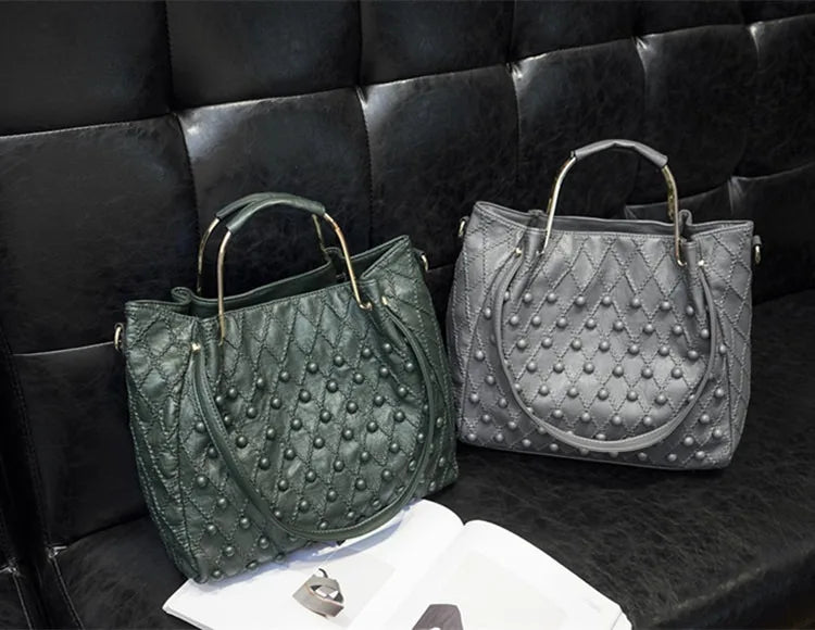 Soft Black Genuine Leather Rivet Large Handbag