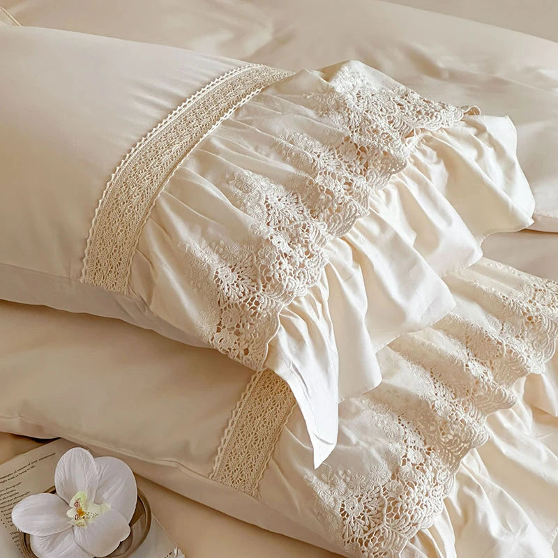 Elegant French Lace Ruffle Bedding Set 100% Cotton