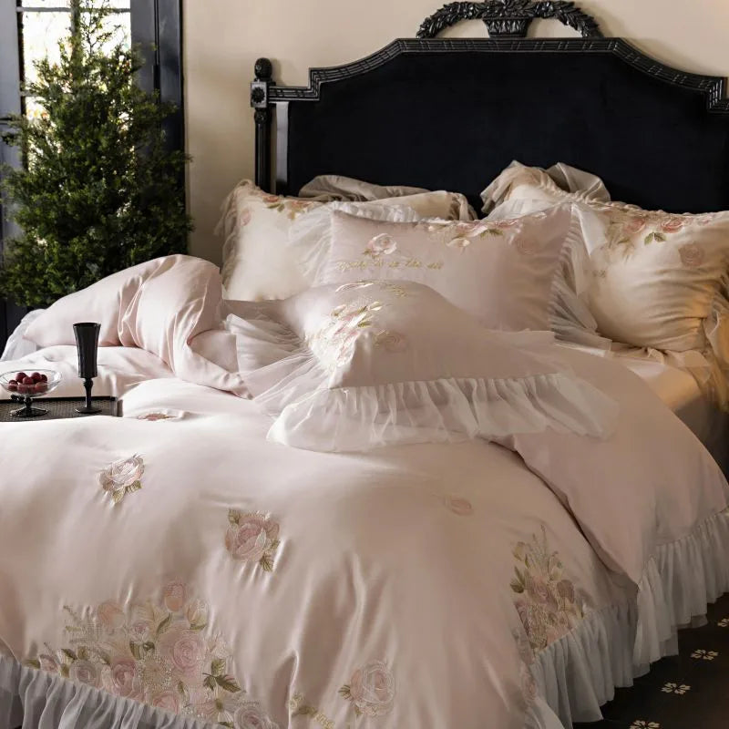 Beautiful Flowers Embroidery Ruffle Bedding Set 100% Cotton
