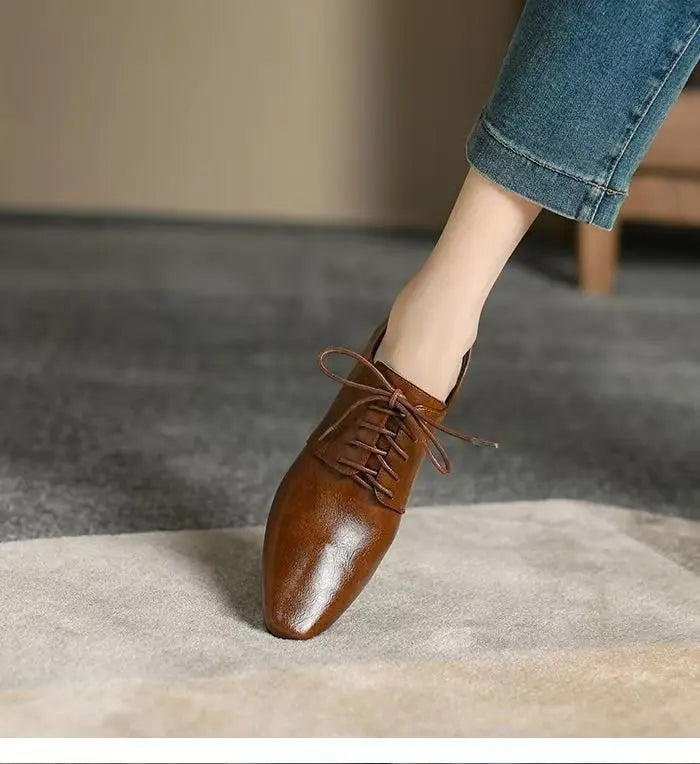 Women’s Square Toe Chunky Heel Leather Loafers
