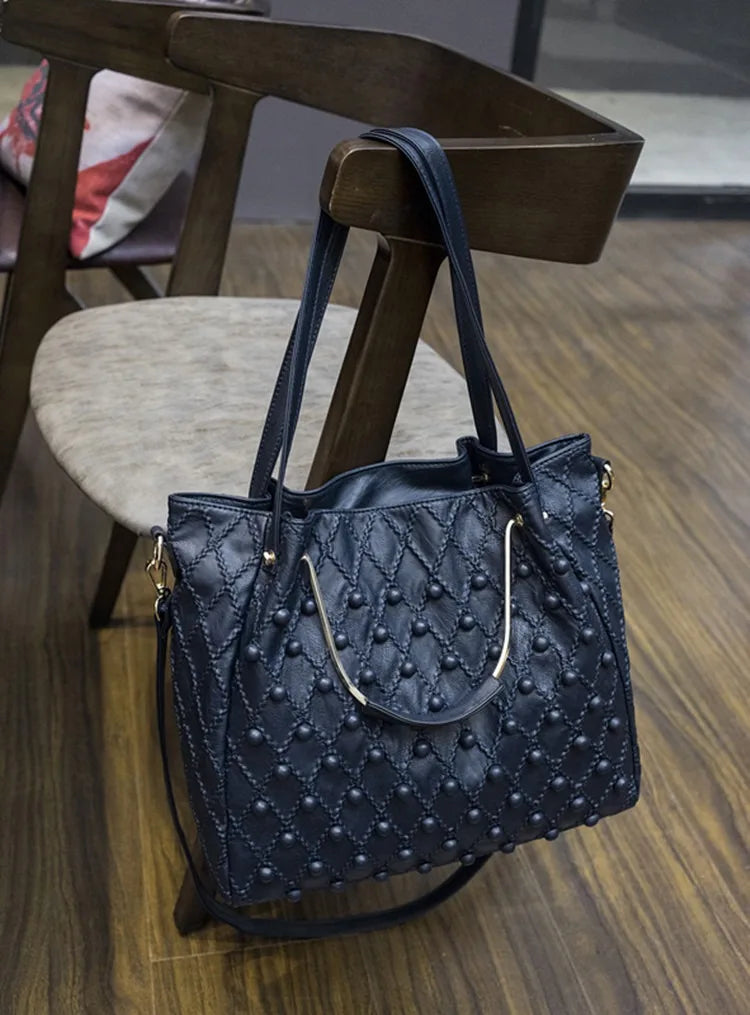 Soft Black Genuine Leather Rivet Large Handbag