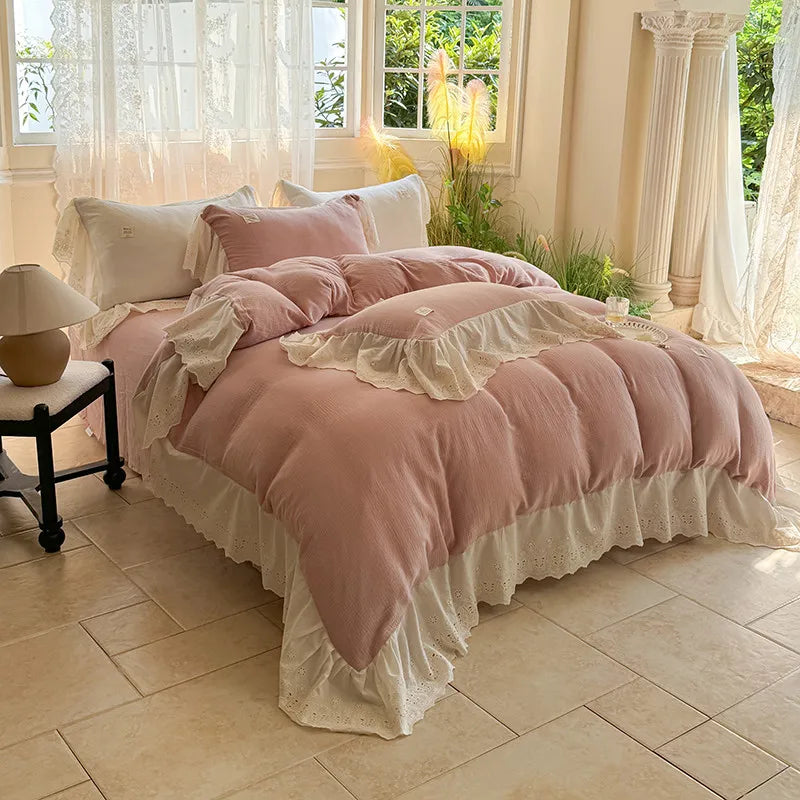 Elegant Wide Lace Solid Bedding Set