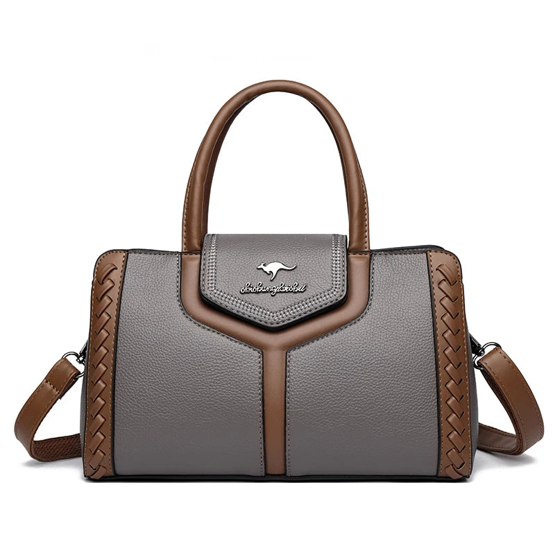 Two Color Genuine Soft Leather 3-layer Top-Handle Bag