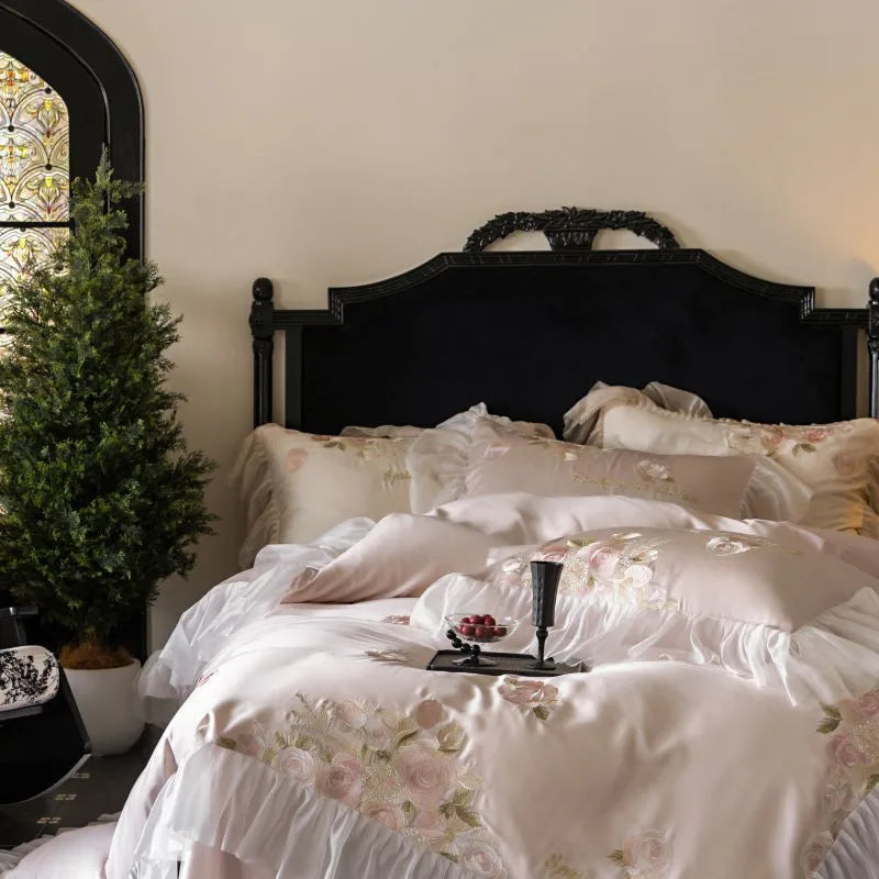 Beautiful Flowers Embroidery Ruffle Bedding Set 100% Cotton