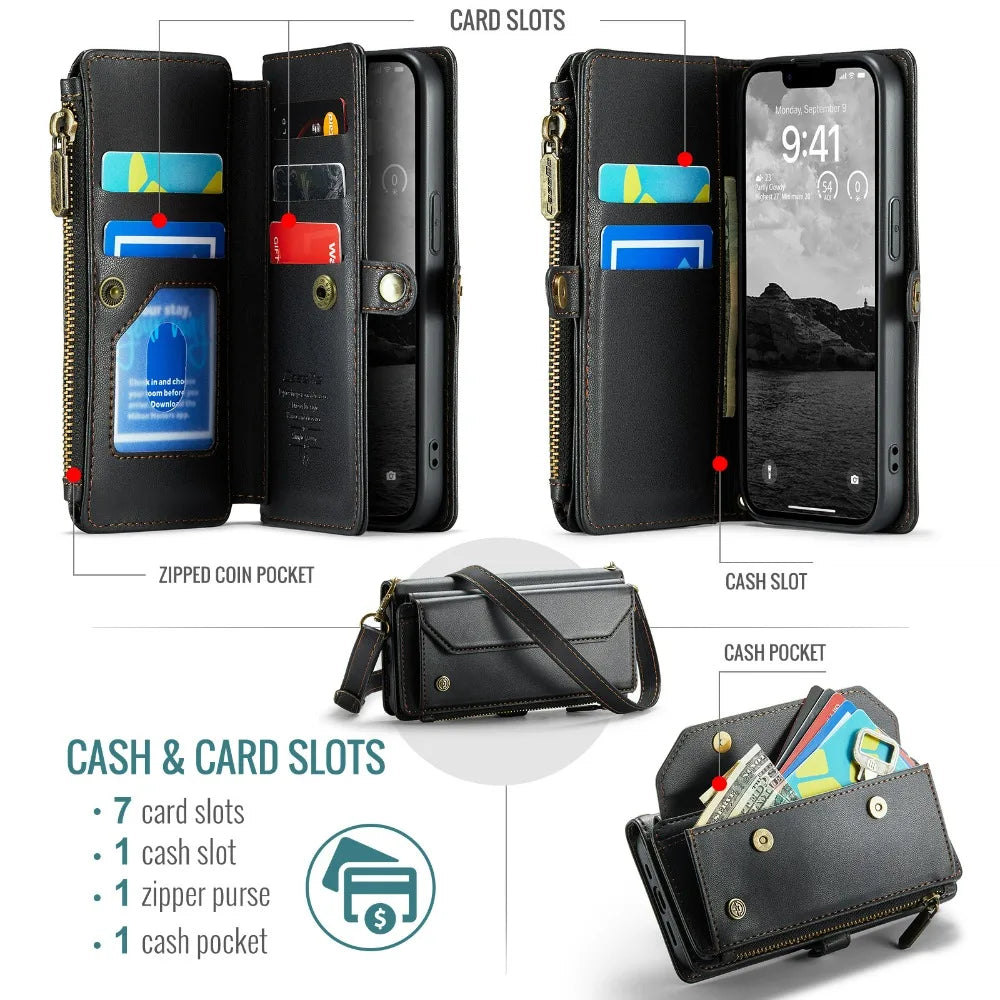 Leather Strap Zipper Card Holder Phone Wallet  Case for iPhone