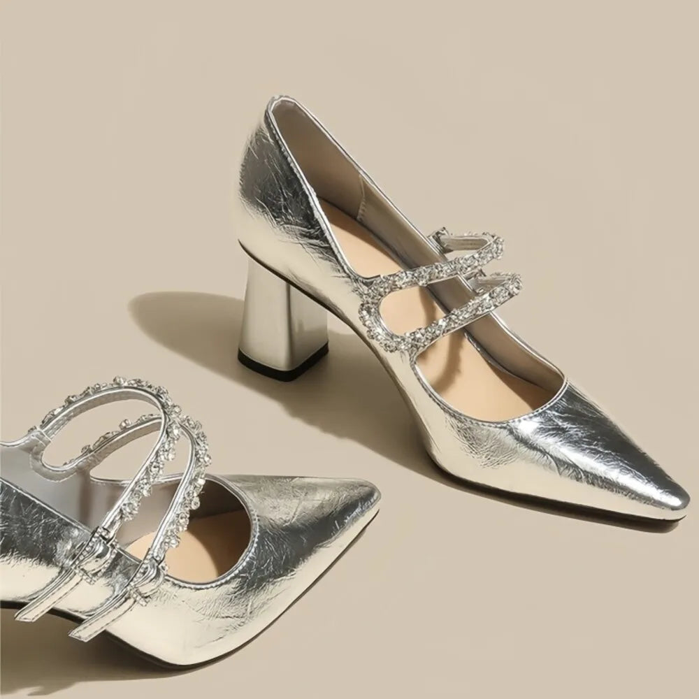 Women’s Rhinestone Double Buckle Pointed Toe High Heel Pumps