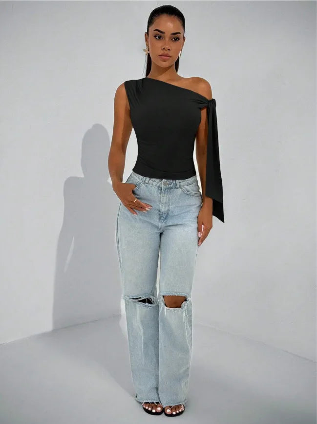 Women’s Elegant Sleeveless Slim Fit Top with Knot Necktie