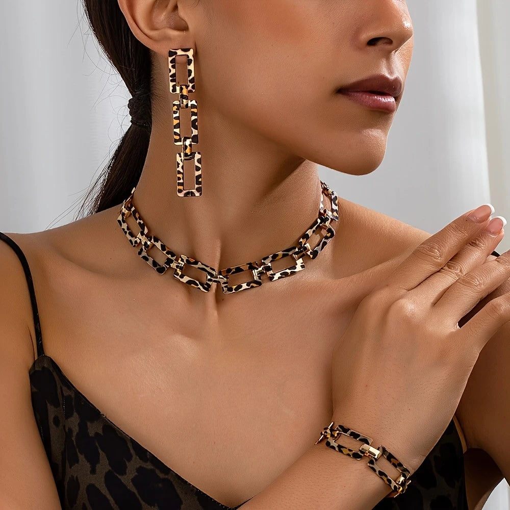 3PCS Stainless Steel Geometric Necklace/Earrings/Bracelet Set