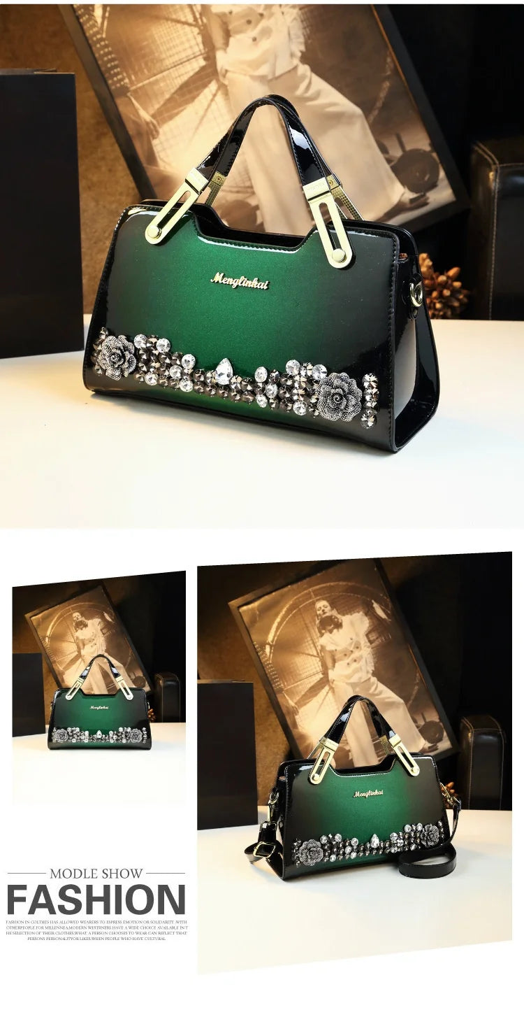 Genuine Leather Diamonds Shoulder Handbag