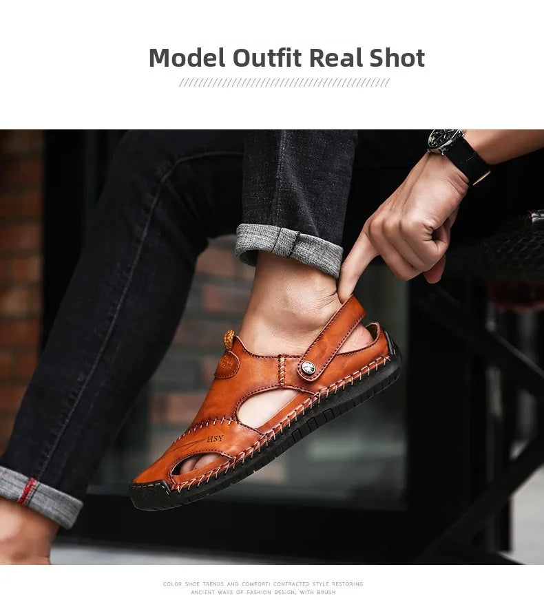 Men’s Premium Leather Sandals – Breathable Slip-On