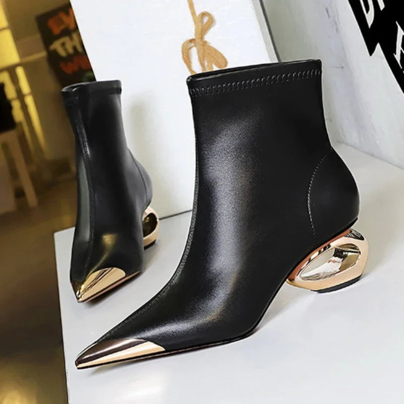 Metal Pointed Toes Ankle  Boots With Hollow Heel Iron Head