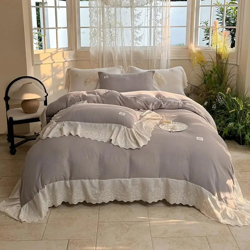 Elegant Wide Lace Solid Bedding Set