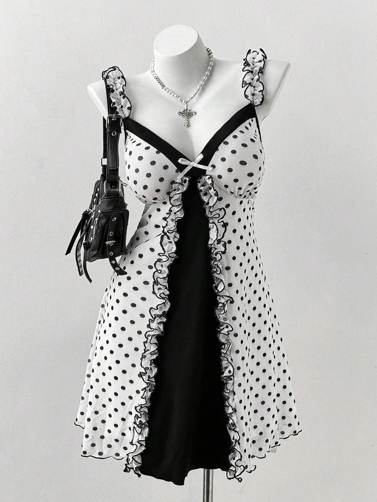 Polka Dot Ruffle Trim Bow Front Cami Mini Dress