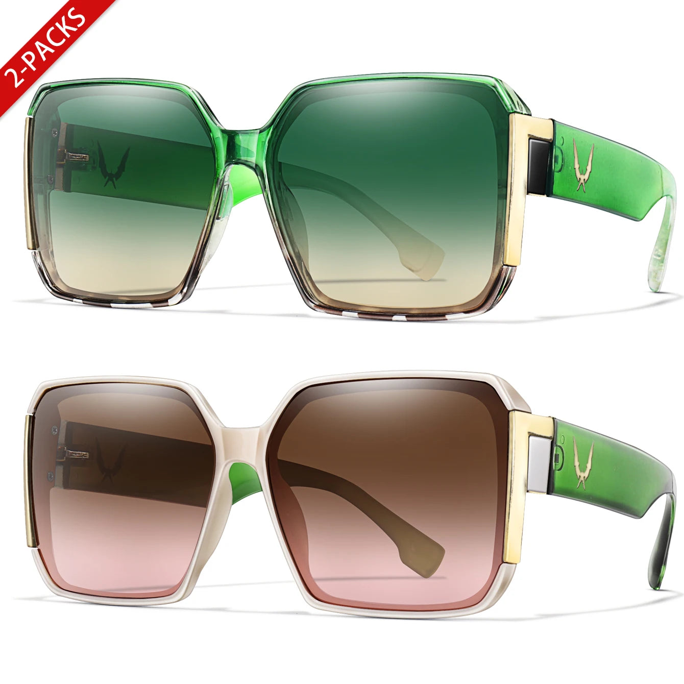 Elegant 2 Packs Unisex Square Sunglasses With UV Protection