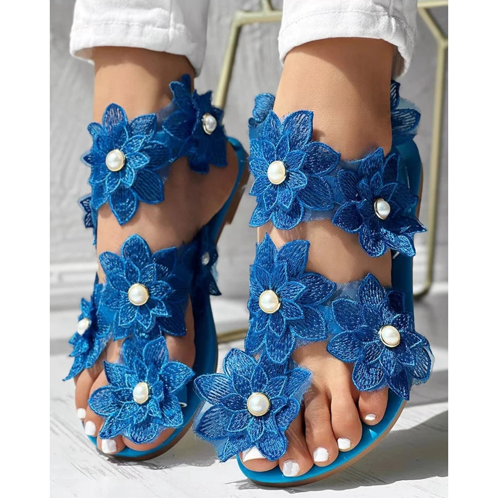 Beautiful Summer Ring Flower Flat Sandals