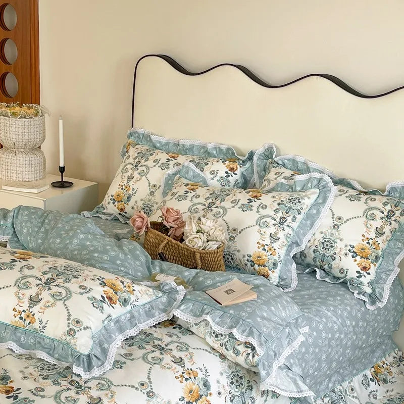 Elegant Ruffle Elegant Vintage Floral Bedding Set 100% Cotton