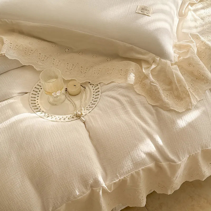 Elegant Wide Lace Solid Bedding Set