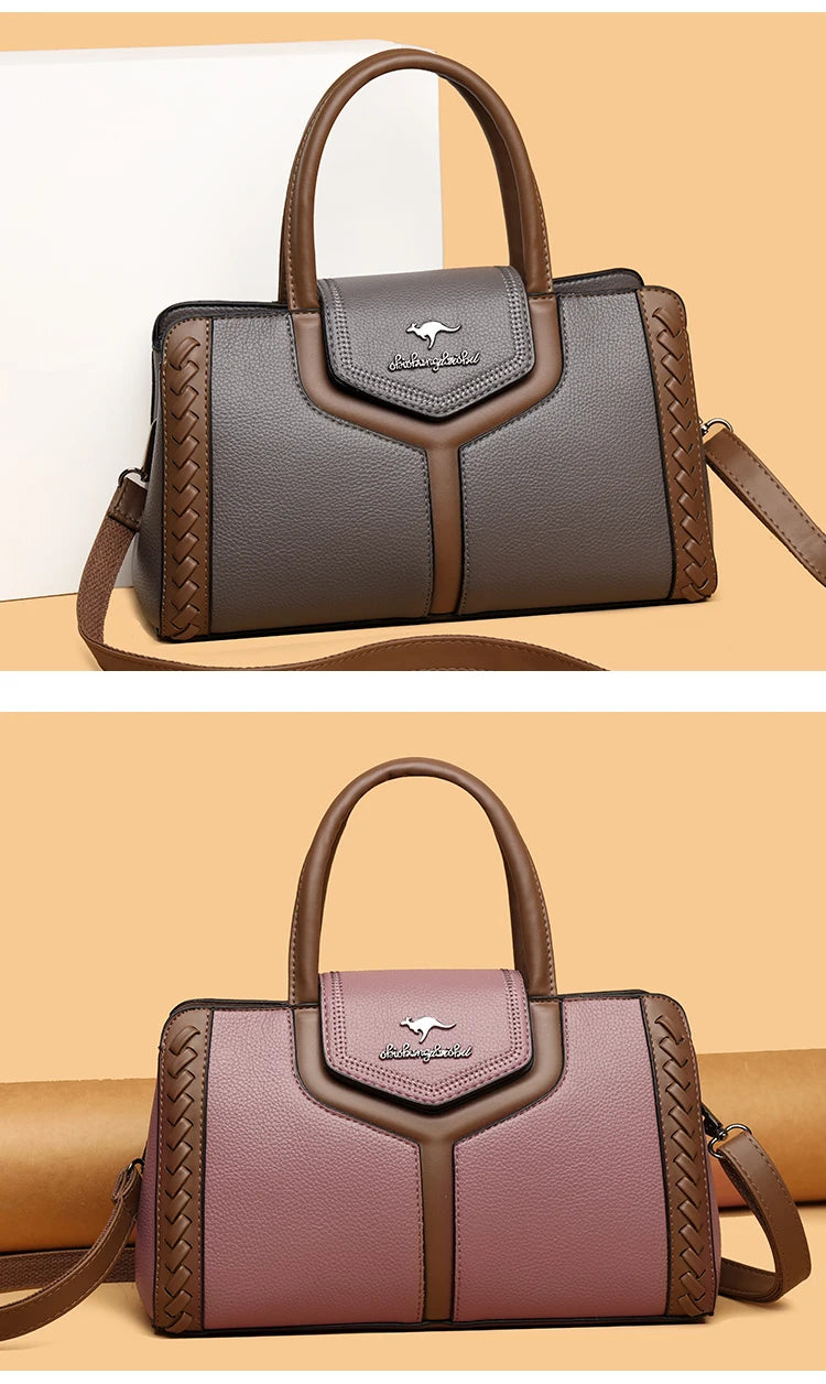 Two Color Genuine Soft Leather 3-layer Top-Handle Bag