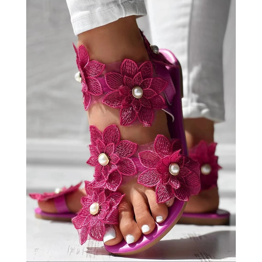 Beautiful Summer Ring Flower Flat Sandals