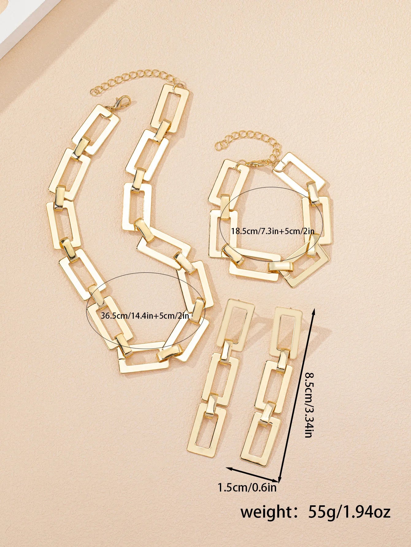 3PCS Stainless Steel Geometric Necklace/Earrings/Bracelet Set