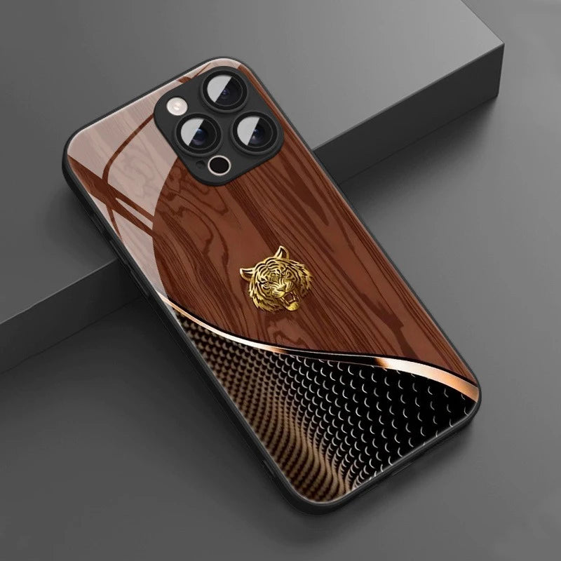 Wood Grain Tiger Head Pattern Tempered Phone Case For iPhone