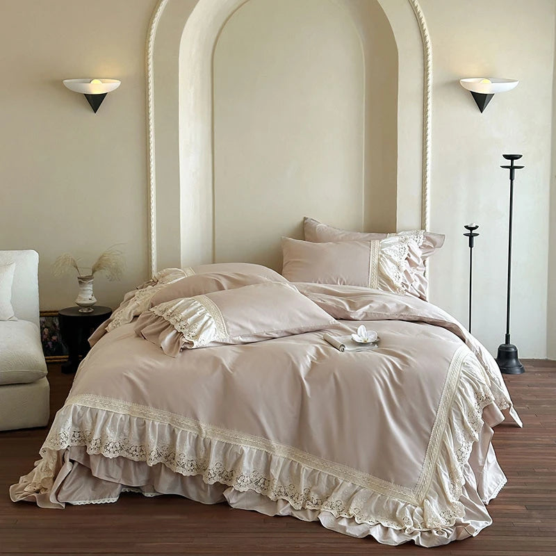 Elegant French Lace Ruffle Bedding Set 100% Cotton