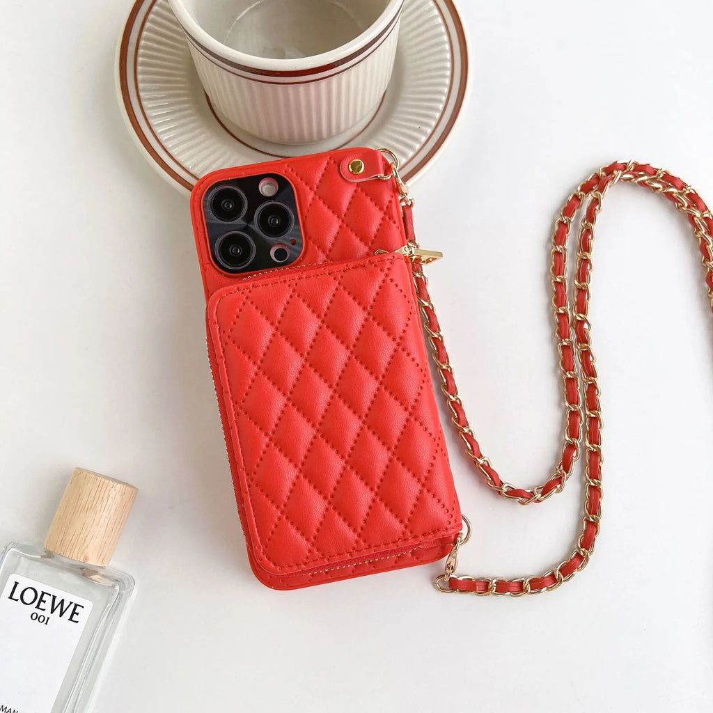 iPhone Crossbody Leather Case with Lanyard Strap – Wallet Card Holder Chain Phone Cover