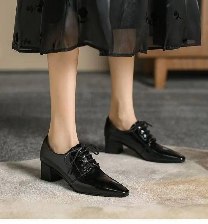 Women’s Square Toe Chunky Heel Leather Loafers