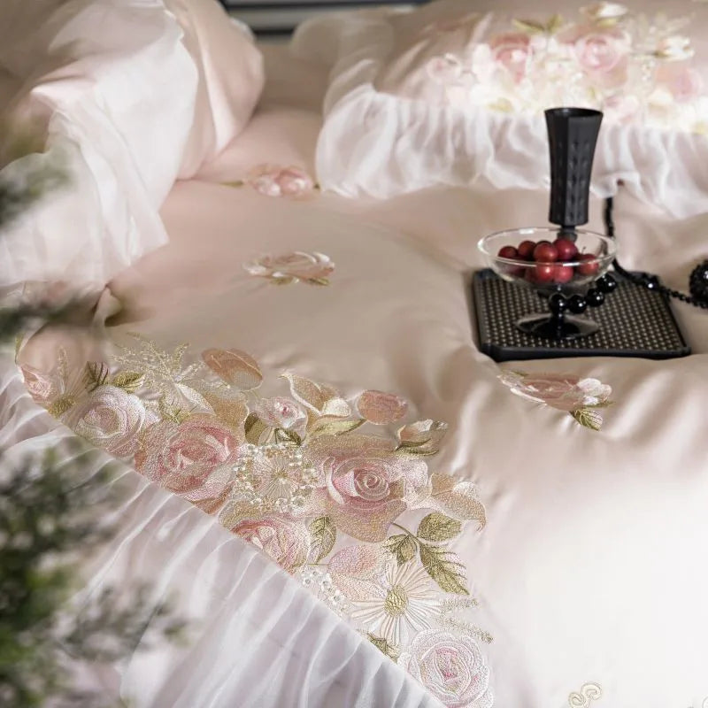 Beautiful Flowers Embroidery Ruffle Bedding Set 100% Cotton