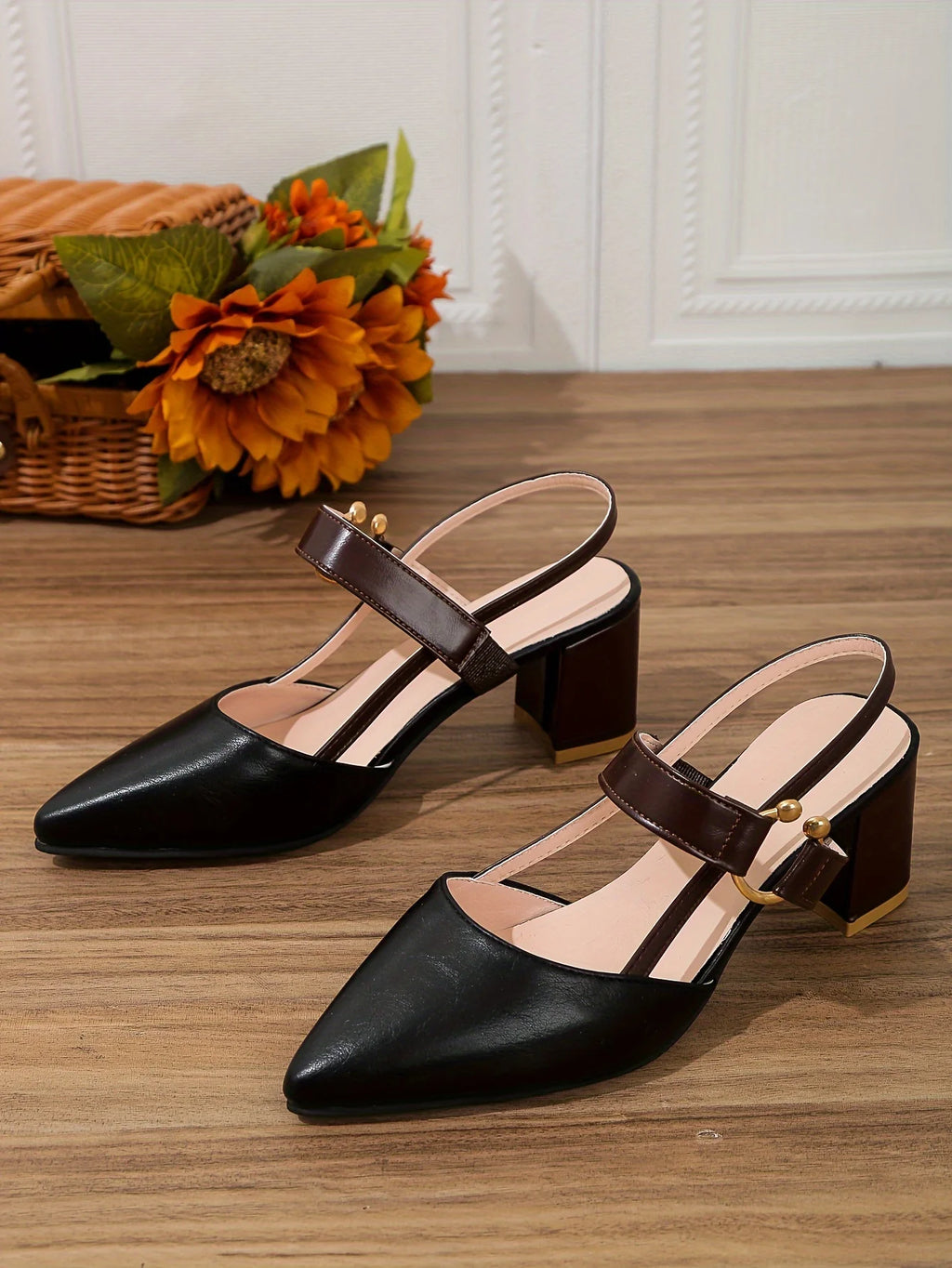 Two-Color Pointed Toe Block Sandals