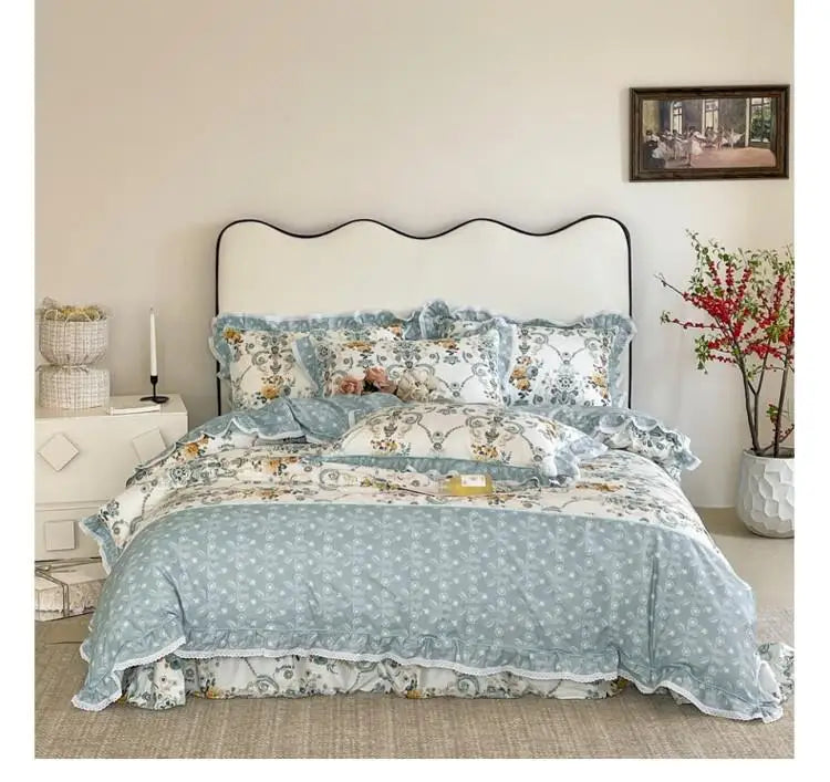 Elegant Ruffle Elegant Vintage Floral Bedding Set 100% Cotton