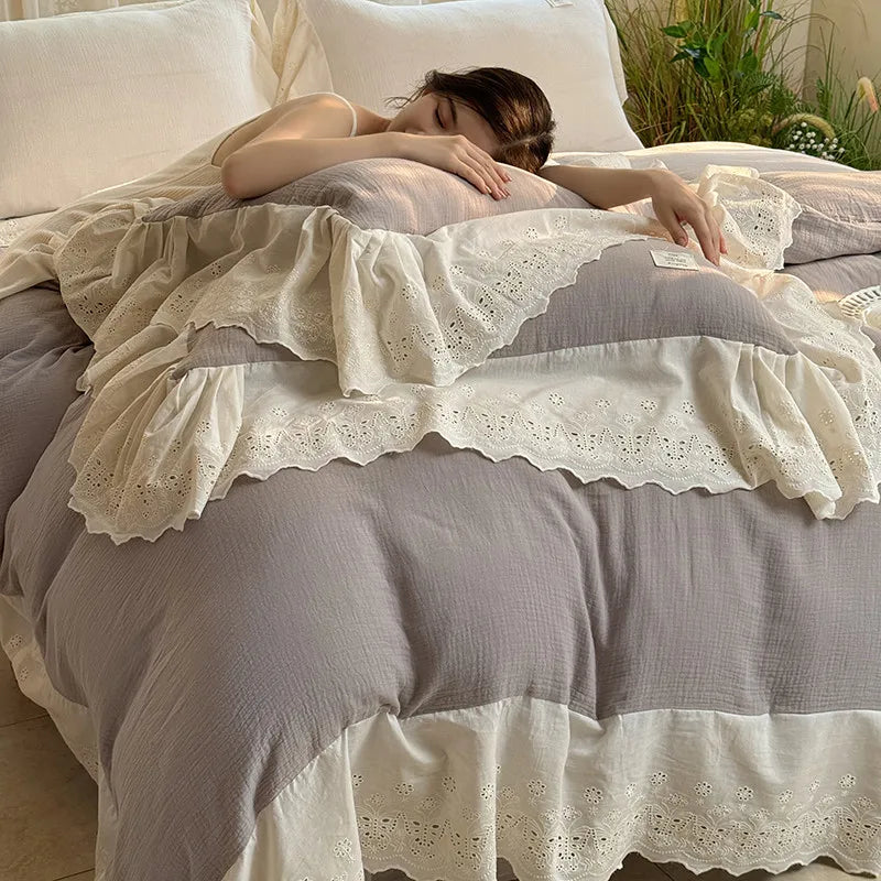 Elegant Wide Lace Solid Bedding Set
