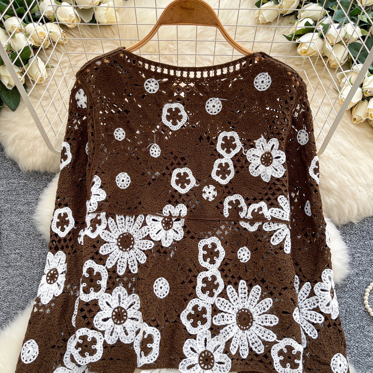 Elegant Hollow Floral Knit Pullover