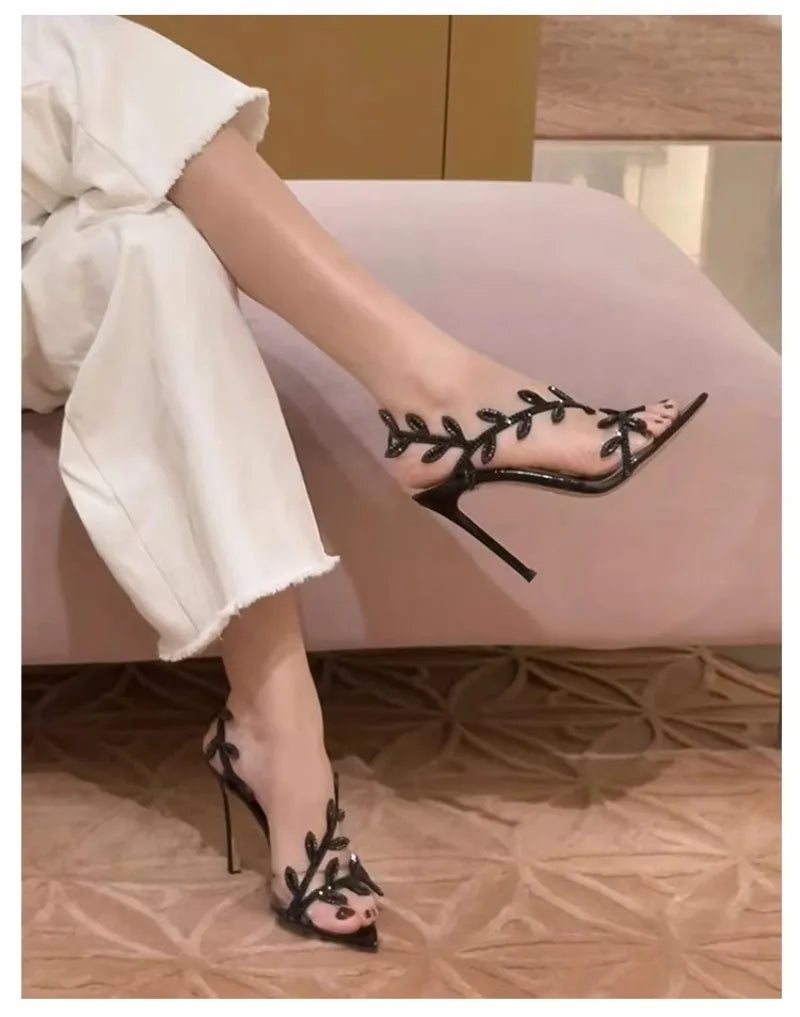 Summer Crystal Rhinestone Leaf High Heels Sandals