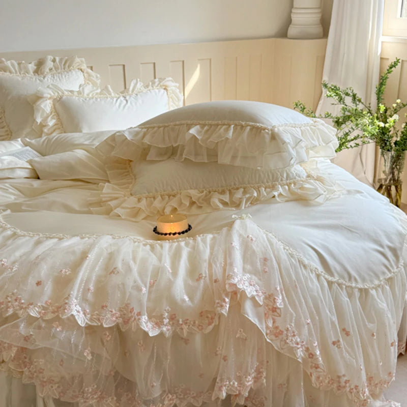 Elegant White/Pink Lace Ruffle Egyptian Cotton Bedding Set