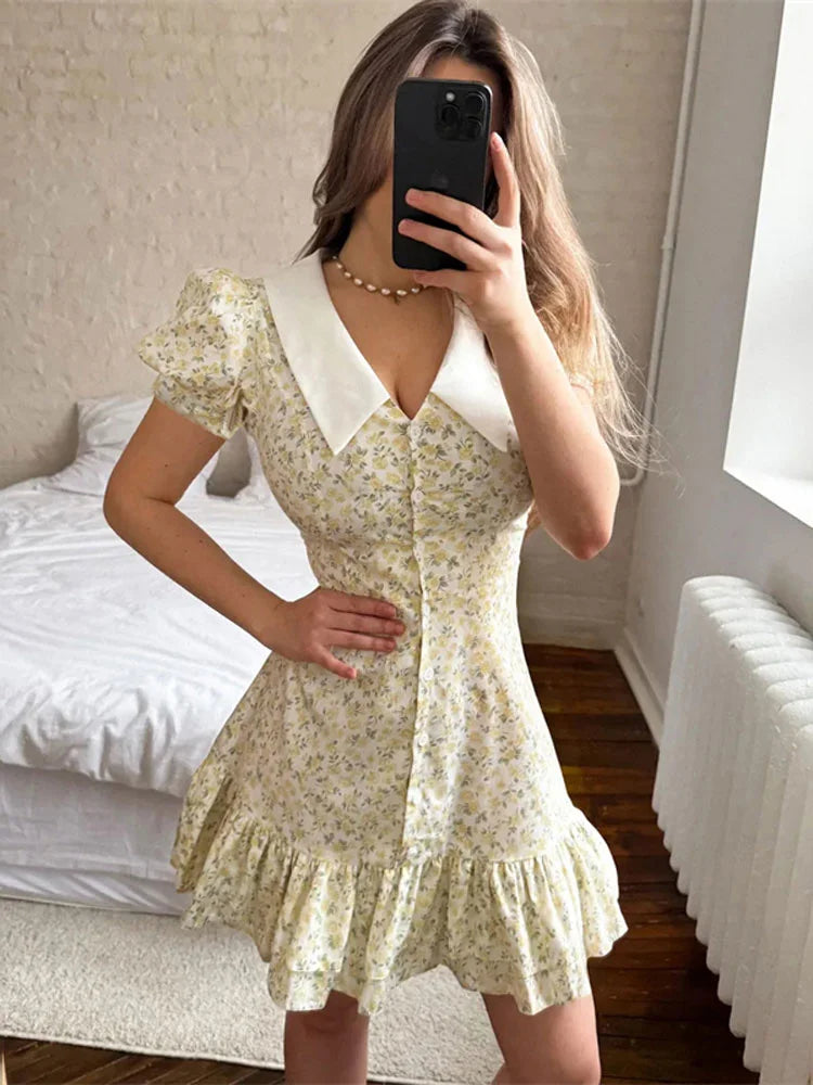 Women’s Floral Mini Dress Short Sleeve Lapel Style