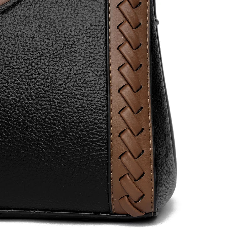 Two Color Genuine Soft Leather 3-layer Top-Handle Bag
