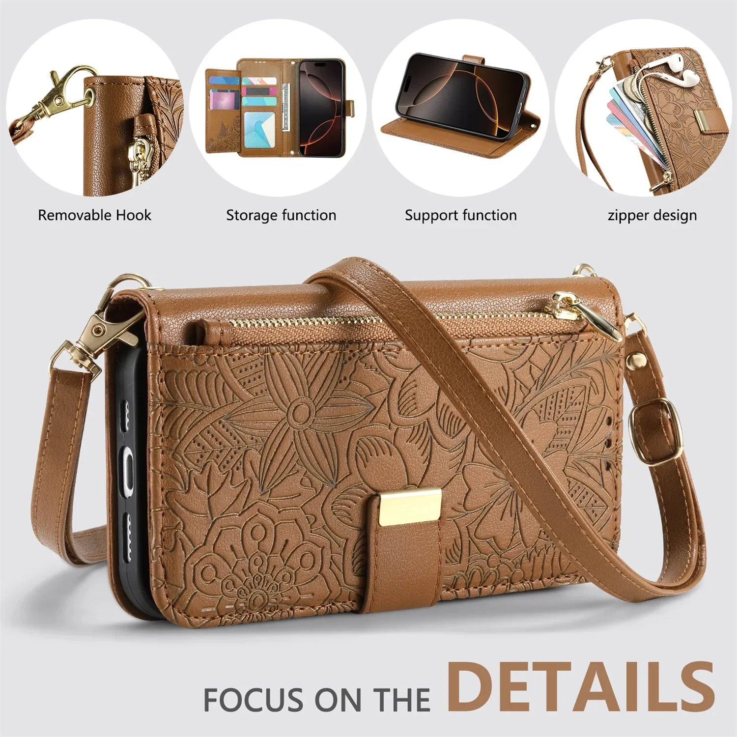 Leather Zipper Wallet Crossbody iPhone Case