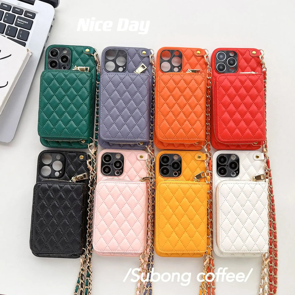 iPhone Crossbody Leather Case with Lanyard Strap – Wallet Card Holder Chain Phone Cover