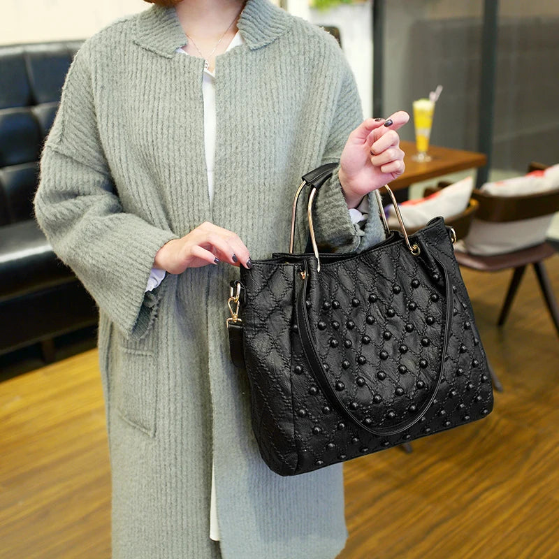 Soft Black Genuine Leather Rivet Large Handbag