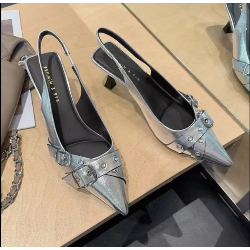 Pointed Toe Buckle Strap Metal High Heeled Kitten Heel Sandals