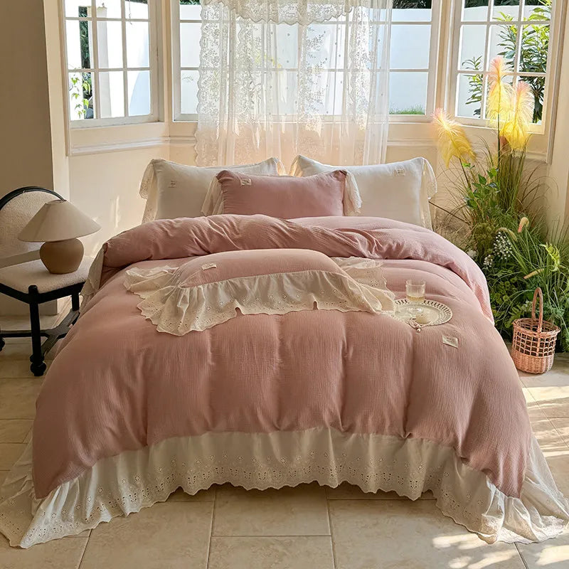 Elegant Wide Lace Solid Bedding Set