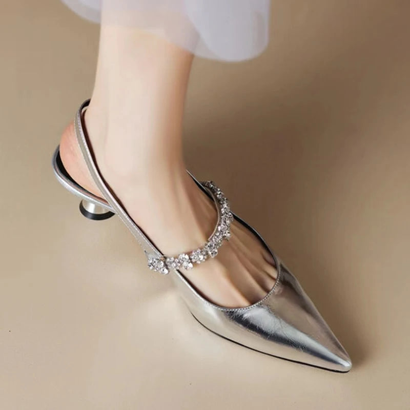 Women’s Rhinestone Slingback Mid Heel Pumps
