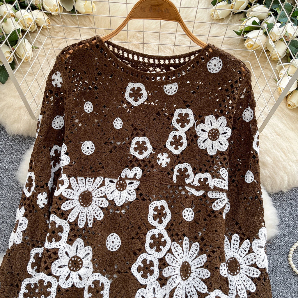 Elegant Hollow Floral Knit Pullover