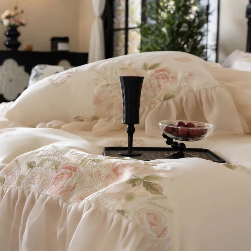 Beautiful Flowers Embroidery Ruffle Bedding Set 100% Cotton