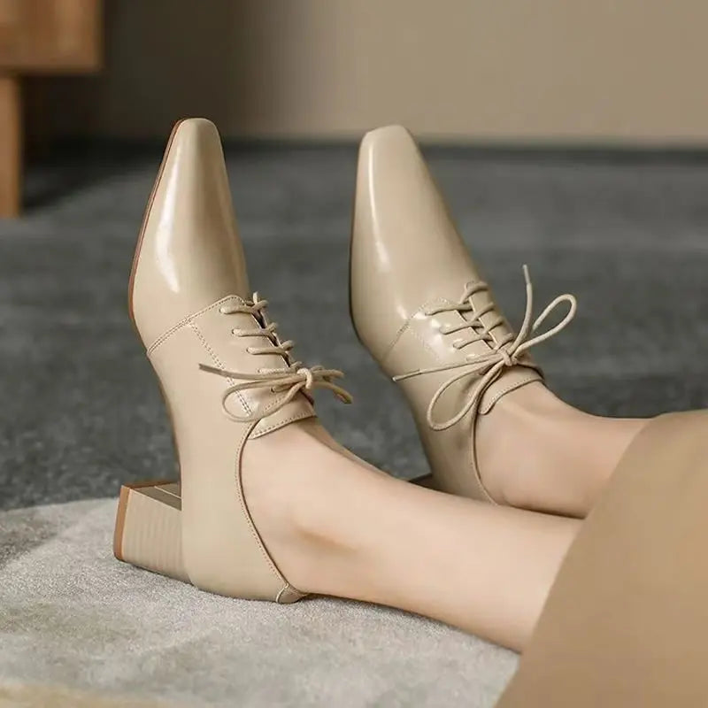 Women’s Square Toe Chunky Heel Leather Loafers